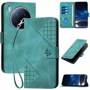 For Tecno Camon 40 Premier Grid Butterfly Embossed Pattern Leather Phone Case with Lanyard(Light Blue)