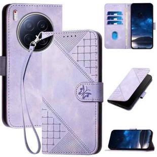 For Tecno Camon 40 Premier Grid Butterfly Embossed Pattern Leather Phone Case with Lanyard(Light Purple)