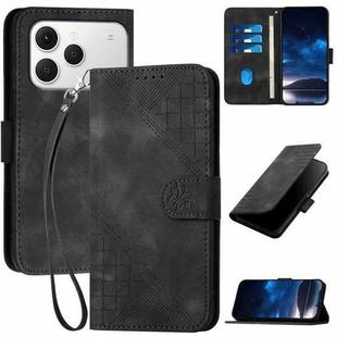 For Tecno Spark 40 4G Grid Butterfly Embossed Pattern Leather Phone Case with Lanyard(Black)