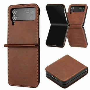 For Samsung Galaxy Z Flip4 Solid Color Calf Texture Folding Leather Phone Case(Dark Brown)