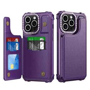 For iPhone 15 Pro Diamond Horizontal Card Bag Leather Phone Case(Purple)