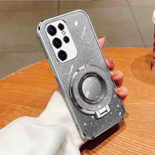For Samsung Galaxy S23 Ultra 5G Plated Gradient Glitter Round Holder TPU Phone Case(Silver)