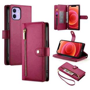 For iPhone 12 / 12 Pro Nine Card-slot Zipper Wallet Bag Leather Phone Case(Red)