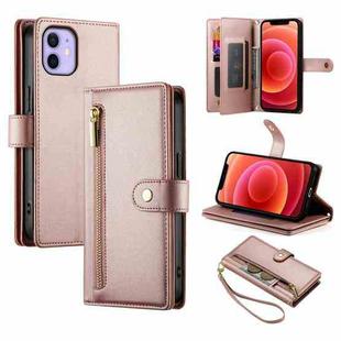 For iPhone 12 / 12 Pro Nine Card-slot Zipper Wallet Bag Leather Phone Case(Pink)