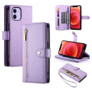 For iPhone 12 / 12 Pro Nine Card-slot Zipper Wallet Bag Leather Phone Case(Purple)