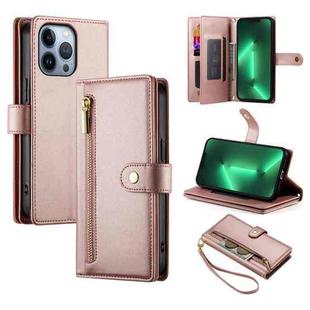 For iPhone 13 Pro Nine Card-slot Zipper Wallet Bag Leather Phone Case(Pink)