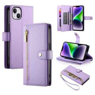 For iPhone 14 Plus Nine Card-slot Zipper Wallet Bag Leather Phone Case(Purple)