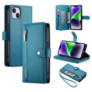 For iPhone 14 Plus Nine Card-slot Zipper Wallet Bag Leather Phone Case(Blue)