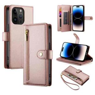 For iPhone 14 Pro Nine Card-slot Zipper Wallet Bag Leather Phone Case(Pink)