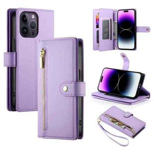 For iPhone 14 Pro Max Nine Card-slot Zipper Wallet Bag Leather Phone Case(Purple)