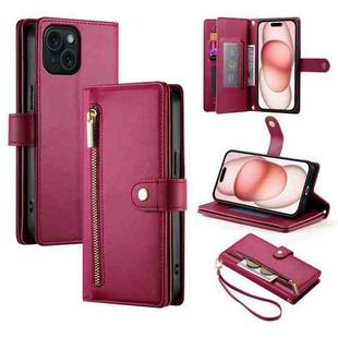 For iPhone 15 Nine Card-slot Zipper Wallet Bag Leather Phone Case(Red)