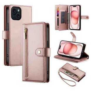 For iPhone 15 Nine Card-slot Zipper Wallet Bag Leather Phone Case(Pink)