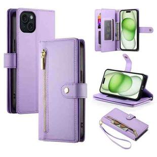 For iPhone 15 Plus Nine Card-slot Zipper Wallet Bag Leather Phone Case(Purple)