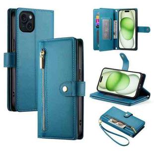 For iPhone 15 Plus Nine Card-slot Zipper Wallet Bag Leather Phone Case(Blue)