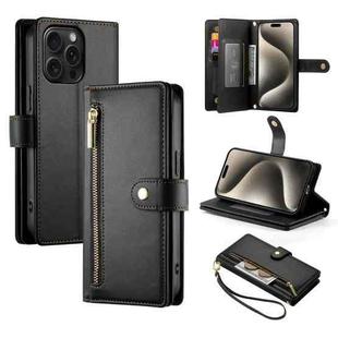 For iPhone 15 Pro Max Nine Card-slot Zipper Wallet Bag Leather Phone Case(Black)