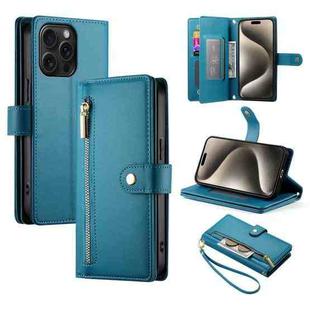 For iPhone 15 Pro Max Nine Card-slot Zipper Wallet Bag Leather Phone Case(Blue)