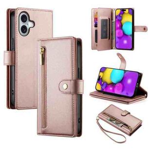 For iPhone 16 Nine Card-slot Zipper Wallet Bag Leather Phone Case(Pink)