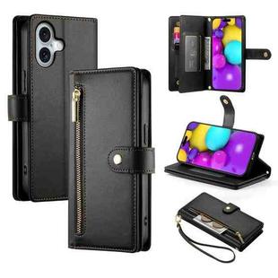 For iPhone 16 Nine Card-slot Zipper Wallet Bag Leather Phone Case(Black)