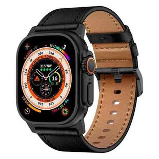 For Apple Watch Ultra 2 49mm Wilderness Top-grain Leather Watch Band(Black Connector Black)