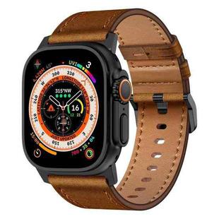 For Apple Watch Ultra 2 49mm Wilderness Top-grain Leather Watch Band(Black Connector Red Brown)