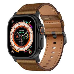 For Apple Watch Ultra 2 49mm Wilderness Top-grain Leather Watch Band(Black Connector Dark Brown)