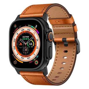 For Apple Watch Ultra 2 49mm Wilderness Top-grain Leather Watch Band(Black Connector Brown)