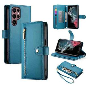 For Samsung Galaxy S22 Ultra 5G Nine Card-slot Zipper Wallet Bag Leather Phone Case(Blue)