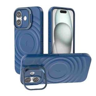 For iPhone 16 Lens Frame Bracket Corrugated MagSafe Phone Case(Dark Blue)