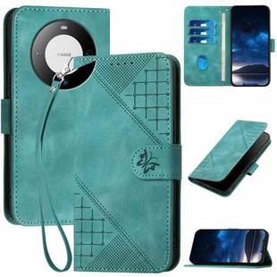 For Huawei Mate 60 YX0080 Grid Butterfly Embossed Pattern Flip Leather Phone Case with Lanyard(Light Blue)