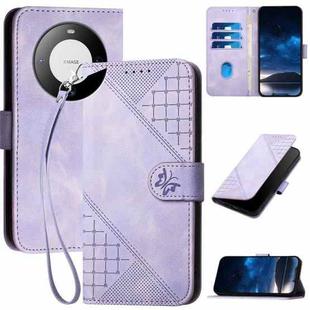 For Huawei Mate 60 Pro YX0080 Grid Butterfly Embossed Pattern Flip Leather Phone Case with Lanyard(Light Purple)