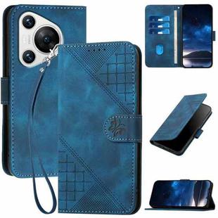 For Huawei Pura 70 YX0080 Grid Butterfly Embossed Pattern Flip Leather Phone Case with Lanyard(Dark Blue)