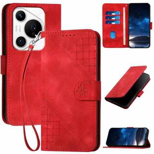 For Huawei Pura 70 Pro / 70 Pro+ YX0080 Grid Butterfly Embossed Pattern Flip Leather Phone Case with Lanyard(Red)