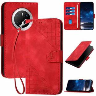 For Huawei Mate 70 Grid Butterfly Embossed Pattern Leather Phone Case with Lanyard(Red)