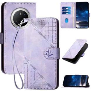 For Huawei Mate 70 Grid Butterfly Embossed Pattern Leather Phone Case with Lanyard(Light Purple)