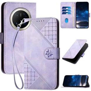 For Huawei Mate 70 Pro / Mate 70 Pro+ Grid Butterfly Embossed Pattern Leather Phone Case with Lanyard(Light Purple)