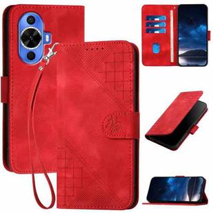 For Huawei nova 12s Grid Butterfly Embossed Pattern Leather Phone Case with Lanyard(Red)