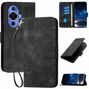 For Huawei nova 12s Grid Butterfly Embossed Pattern Leather Phone Case with Lanyard(Black)