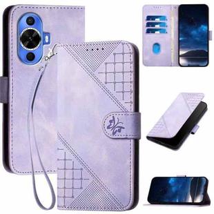 For Huawei nova 12s Grid Butterfly Embossed Pattern Leather Phone Case with Lanyard(Light Purple)