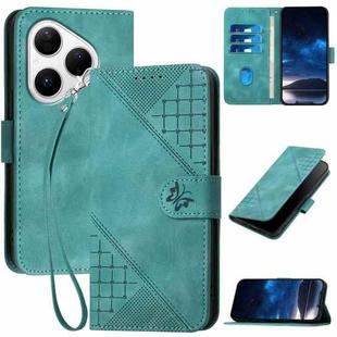 For Huawei Pura 80 5G Grid Butterfly Embossed Pattern Leather Phone Case with Lanyard(Light Blue)