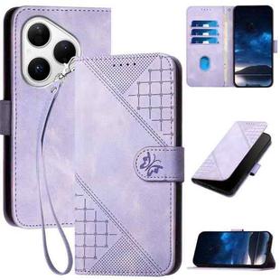 For Huawei Pura 80 5G Grid Butterfly Embossed Pattern Leather Phone Case with Lanyard(Light Purple)