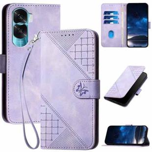 For Honor X50i 5G / 90 Lite Grid Butterfly Embossed Pattern Leather Phone Case with Lanyard(Light Purple)