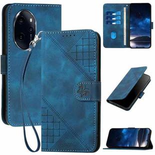 For Honor 100 Pro Grid Butterfly Embossed Pattern Leather Phone Case with Lanyard(Dark Blue)