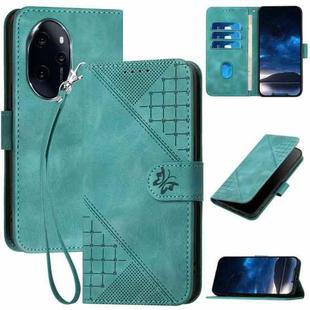 For Honor 100 Pro Grid Butterfly Embossed Pattern Leather Phone Case with Lanyard(Light Blue)