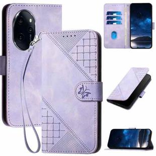 For Honor 100 Pro YX0080 Grid Butterfly Embossed Pattern Flip Leather Phone Case with Lanyard(Light Purple)