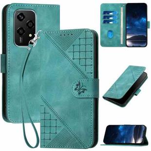 For Honor 200 Lite Global Grid Butterfly Embossed Pattern Leather Phone Case with Lanyard(Light Blue)