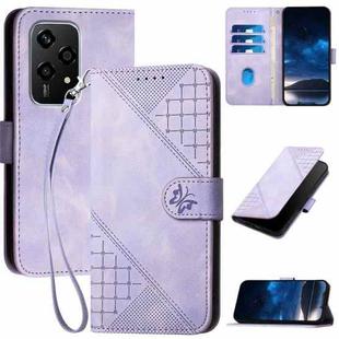 For Honor 200 Lite Global YX0080 Grid Butterfly Embossed Pattern Flip Leather Phone Case with Lanyard(Light Purple)