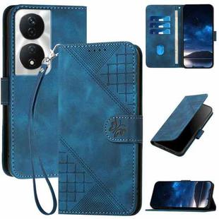 For Honor X7b 5G Grid Butterfly Embossed Pattern Leather Phone Case with Lanyard(Dark Blue)