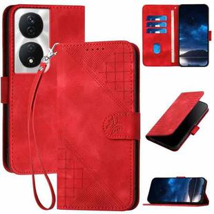 For Honor X7b 5G YX0080 Grid Butterfly Embossed Pattern Flip Leather Phone Case with Lanyard(Red)