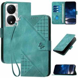 For Honor X7b 5G Grid Butterfly Embossed Pattern Leather Phone Case with Lanyard(Light Blue)