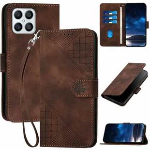 For Honor Play6T Pro Grid Butterfly Embossed Pattern Leather Phone Case with Lanyard(Coffee)